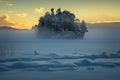 Frozen lake Jonsvatnet near Trondheim, Norway. Sunset light over gathering fog Royalty Free Stock Photo