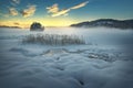 Frozen lake Jonsvatnet near Trondheim, Norway. Sunset light over gathering fog Royalty Free Stock Photo