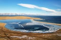 Frozen Lake Khankhoy on the island of Olkhon and unfrozen Lake Baikal Royalty Free Stock Photo