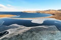 Frozen Lake Khankhoy on the island of Olkhon and unfrozen Lake Baikal Royalty Free Stock Photo