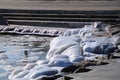 View of ice on the shoreline of a frozen Lake Michigan in Chicago Loop