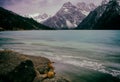 Frozen lake and paryer stone in Tibet