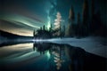 Frozen lake with pine trees and starry sky at night. Royalty Free Stock Photo