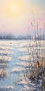 Frozen Lake And Reeds: Serene Minimalistic Landscape Painting