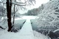 A frozen lake with a bridge in a snowy winter forest. Royalty Free Stock Photo