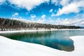 Beautiful landscape with frozen lake in spring time