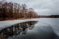 Frozen lake in spring. Ice and yellow forest shore. The ice melts in the spring. Royalty Free Stock Photo