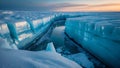 Stunning Glacial River at Sunset: Crystal-Clear Ice Formations Royalty Free Stock Photo