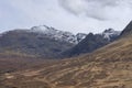 Frozen landscape surrounding Black Cuillin mountains following the arid path to the Fairy Pools, Glen Brittle in Isle of Skye Royalty Free Stock Photo