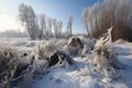 frozen landscape, with trees bent and broken under the weight of ice and snow Royalty Free Stock Photo