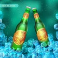 Frozen light beer bottles with ice cubes. Product vector retail background Royalty Free Stock Photo