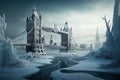 Frozen London in winter, snow and ice due to energy crisis, generative AI