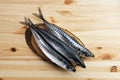 Frozen mackerel on wooden plate