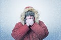 Frozen man in winter clothes warming hands, cold, snow, blizzard Royalty Free Stock Photo