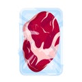 Frozen meat package, supermarket plastic tray with piece of beef tenderloin for cooking
