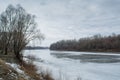 Frozen melting winter river shore with trees during february Royalty Free Stock Photo