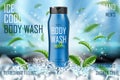 Frozen men body wash gel with mint leaves and ice cubes elements. Realistic body wash ad for cosmetic advertising poster