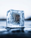 Frozen Microchip Embedded in Ice Block