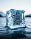 Frozen Microchip Embedded in Ice Block
