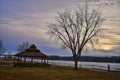 Gazebo along the Mississippi River in Prairie du Chien at sunset in Winter Royalty Free Stock Photo