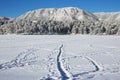 A snowy single track trail heads toward Mount Herman on a freezing cold Monument Lake near Monument, Colorado.