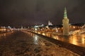 Frozen Moscow river and Kremlin by night