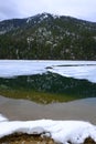 Frozen Mountain Lake or Pond with Reflection of Mountain Crack in Ice Royalty Free Stock Photo