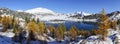 Frozen Mountain Lake Yellow Larch Trees Wide Panoramic Landscape Distant Peaks Banff National Park Canadian Rockies Royalty Free Stock Photo