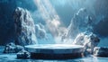 Frozen Mountain Landscape with Circular Display Platform and Light Rays snow Royalty Free Stock Photo