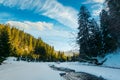 frozen mountain river among the forest in winter. Royalty Free Stock Photo