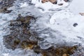 frozen mountain stream in the middle of ice, snow, rocks Royalty Free Stock Photo
