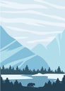 Frozen mountains lake landscape illustration poster. Forest with wildlife animals, bear silhouette Royalty Free Stock Photo