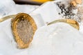 Frozen New British one pound sterling coin up close macro inside ice cubes