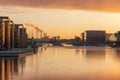 Frozen Copenhagen canal. Cold sunny winter sunset in Denmark Europe