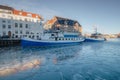 Frozen Nyhavn canal in Copenhagen Cold sunny winter day in Denmark Europe Royalty Free Stock Photo