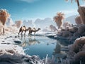 Frozen Oasis: Camels Traverse a Snow-Covered Desert Wonderland