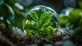 Frozen Oasis: A Green Plant Encased in a Glass Ball Amidst Snow and Ice