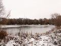 frozen over winter lake surface water trees white sky nature Royalty Free Stock Photo