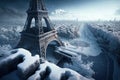Frozen Paris in winter, snow and ice due to energy crisis, generative AI