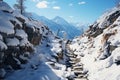 Frozen path Snowy footprints tell tale of hillside climb through cold terrain Royalty Free Stock Photo