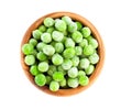 Frozen peas in wooden bowl