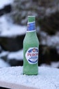 Frozen Peroni Beer Bottle in Kuopio during a Cold Winter Day Royalty Free Stock Photo