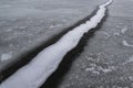 Frozen perspective crack in ice on lake. Winter ice texture Royalty Free Stock Photo