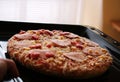 Frozen pizza with salami, cheese, corn and pepper Royalty Free Stock Photo