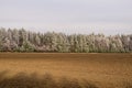 Frozen plowed field in autumn