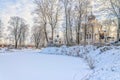 The frozen pond in the Nikolskoye cemetery of the Saint Alexander Nevsky Lavra. Royalty Free Stock Photo