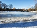 Frozen pond with some people scating in Boston Common