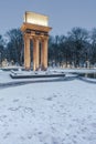 Frozen Pond in Strzelecki Park in Tarnow Poland with Bem Mausoleum. Polish and Hungarian War Hero