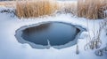 A Frozen Pond Surrounded by Snow-Covered Reeds Royalty Free Stock Photo