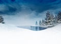 Frozen pound with trees and cloudy sky